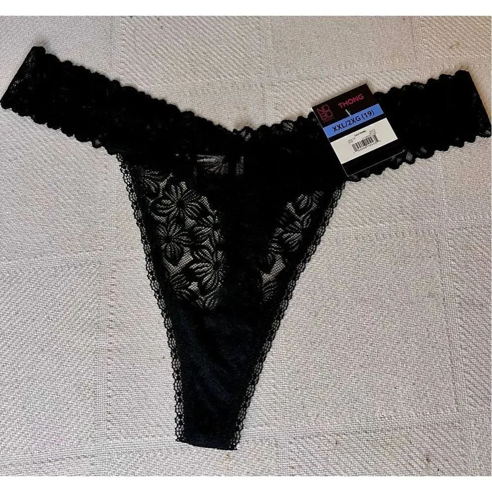 NWT No Boundaries NoBo Women's Lace Thong Panties Size 2XL Black Lace V Thong
